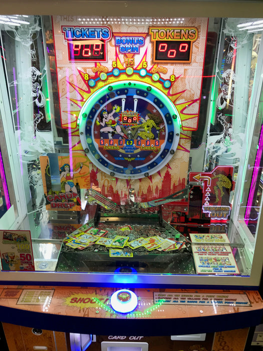 Bandai Namco Arcade DC Superheroes Coin Pusher 4 Player Arcade Machine